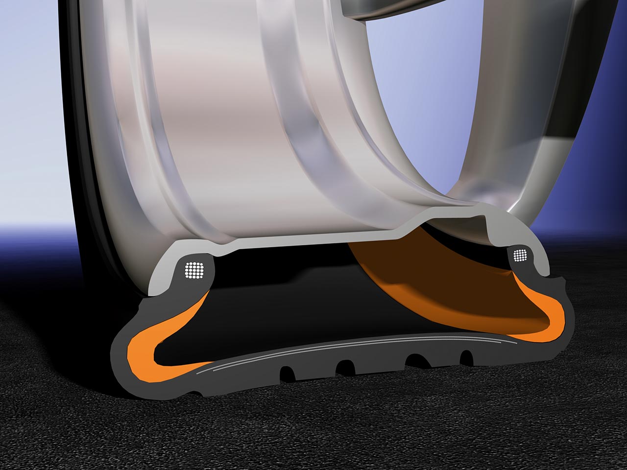 O sistema SSR é uma tecnologia runflat desenvolvida pela Continental especialmente para pneus de perfil baixo. Pneus que são compatíveis com todas os modelos padrões de rodas. O princípio SSR é baseado em uma parede lateral reforçada que se auto sustenta. No caso de um furo, isso evita que a parede lateral seja esmagada entre o aro e a estrada ou escorregue do aro. (imagem 3d em close do corte do pneu e roda com a tecnologia)