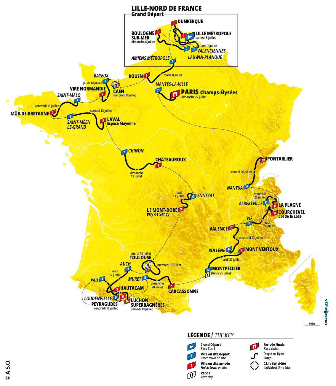 Mapa do Tour de France Rota 2025