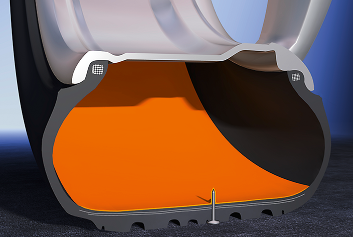 (ilustração 3D em close de corte de pneu com autosselante ContiSeal dentro e prego furando o pneu, mas com autosselante vedando o furo)