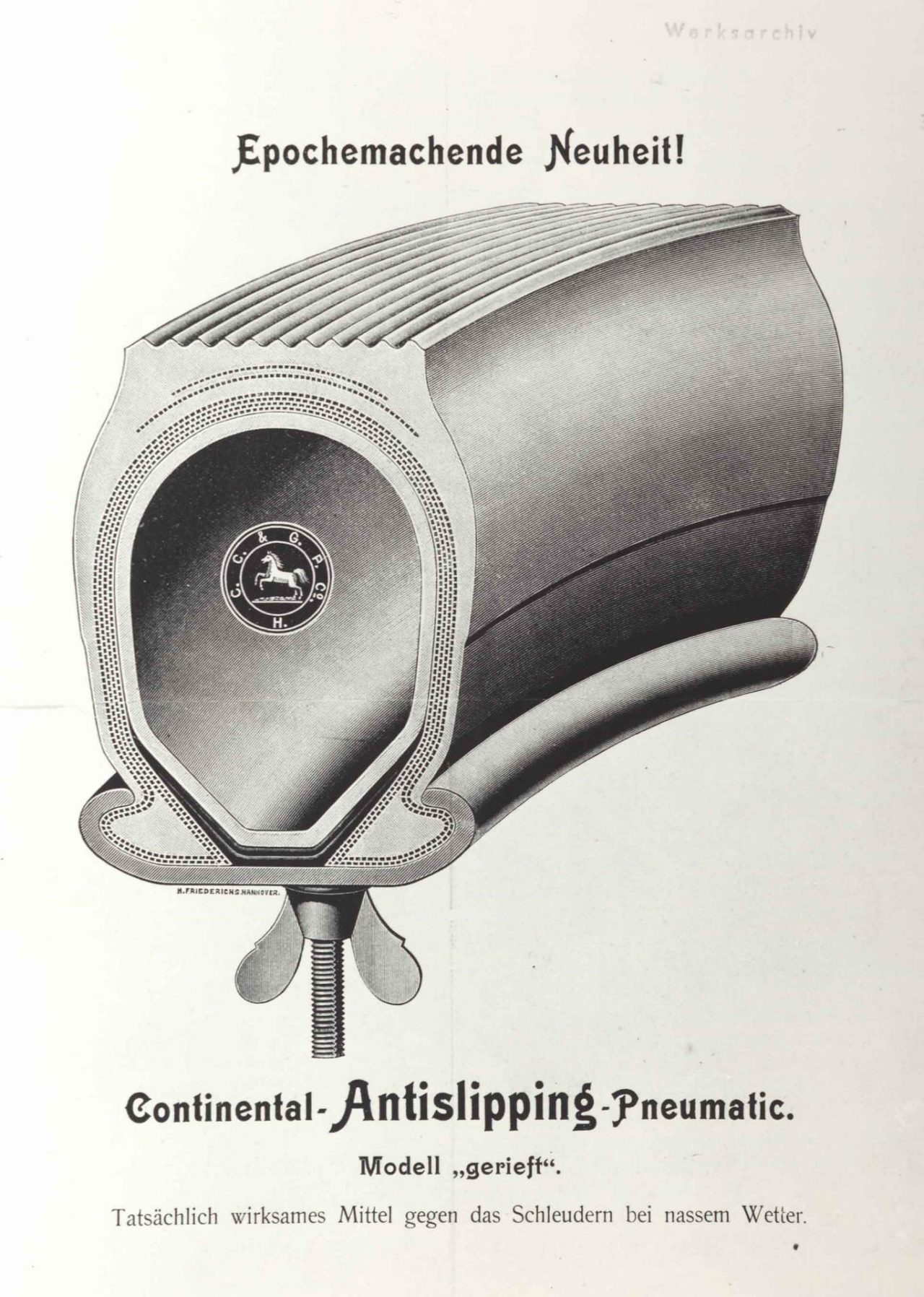 (imagem com propaganda antiga da Continental lançando no mercado o primeiro pneu com sulcos no desenho da banda de rodagem)