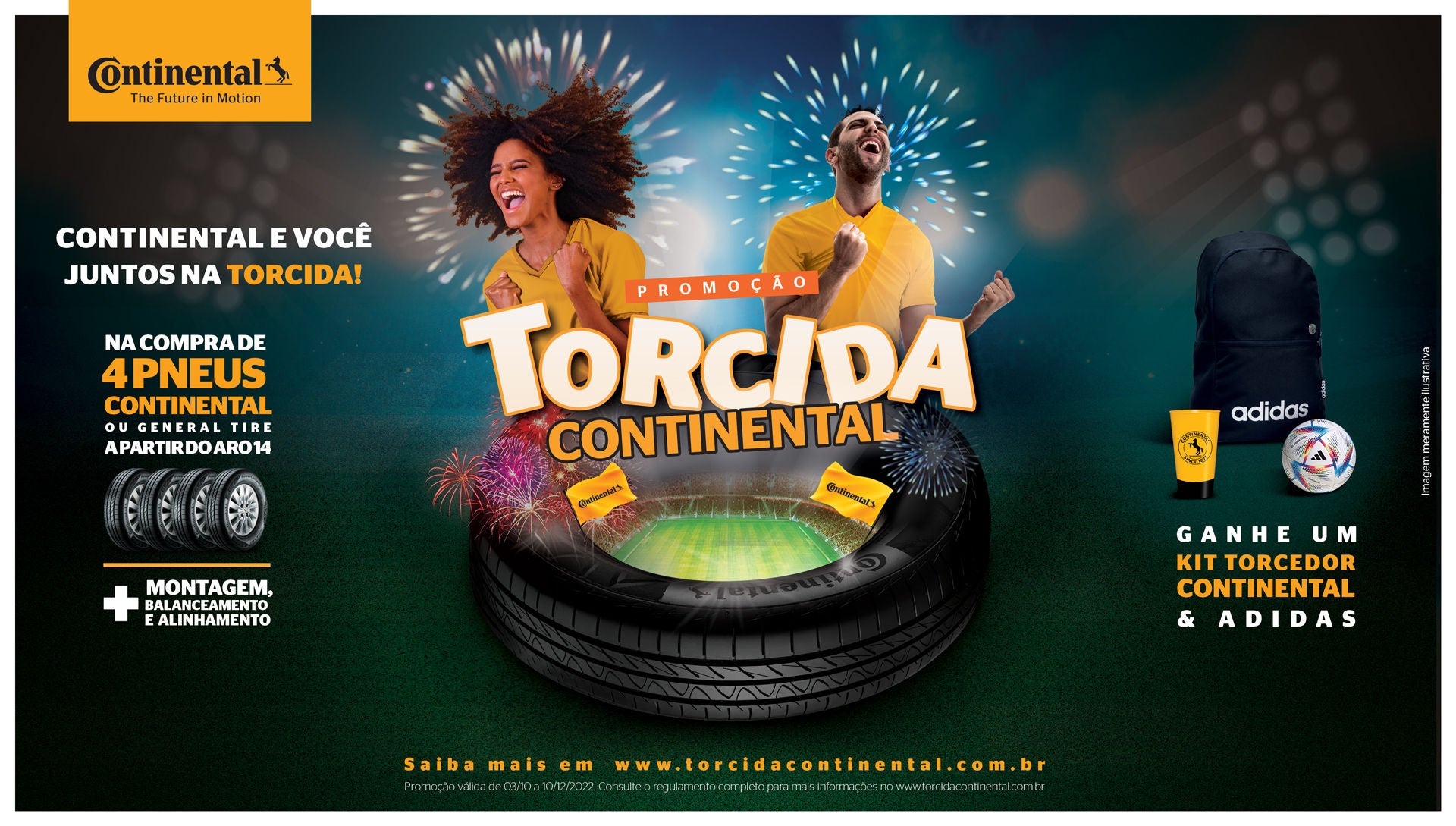 (arte da campanha, com pneu simulando um estádio dentro, fogos de artifício, duas pessoas torcendo e logotipo "Torcida Continental" escrito, com mecânica da promoção e foto da bolsa, bola e copo)