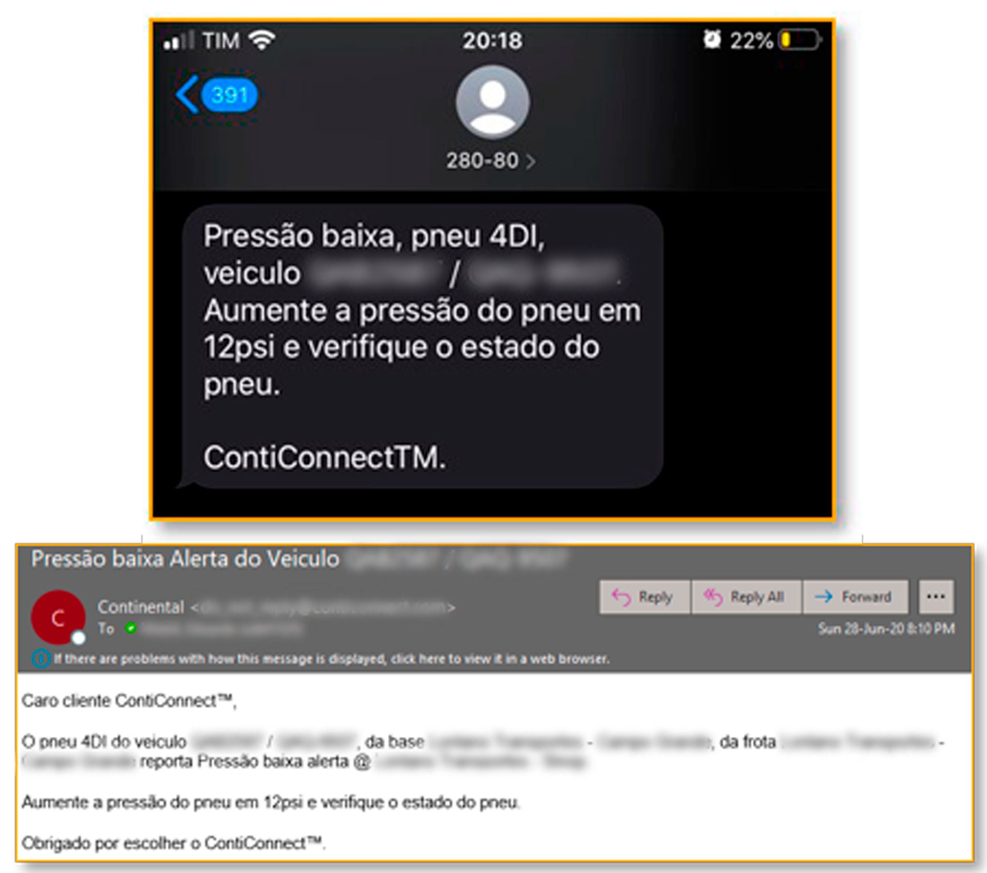 (imagem com tela de texto do SMS recebido no celular e tela de texto recebido em e-mail)