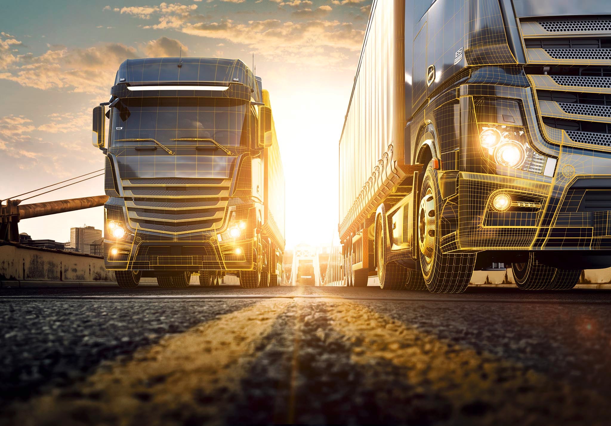 (Imagem com foto de dois caminhões entregando contêineres em uma cidade e algumas linhas laranjas simbolizando tecnologia)
