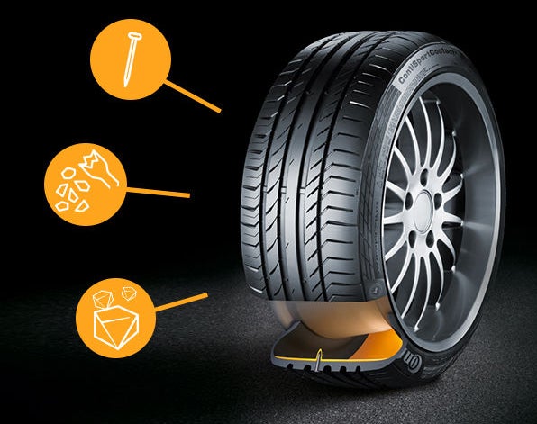 (imagem de pneu com tecnologia ContiSeal e ícones com explicação sobre benefícios contra pregos, cortes e impactos)
