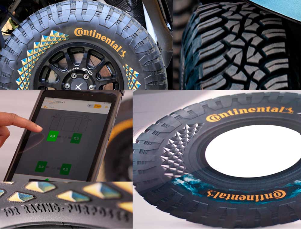 (imagem com colagem de diferentes fotos de ângulos diferentes do pneu + desenho da lateral do pneu e tecnologia com sensor de pressão do pneu)