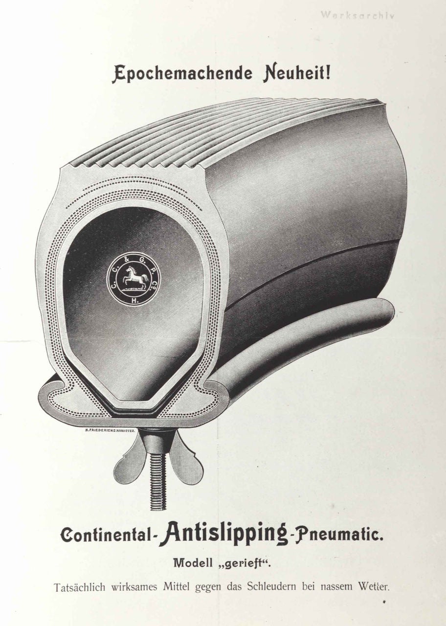 (imagem com propaganda antiga da Continental lançando no mercado o primeiro pneu com sulcos no desenho da banda de rodagem)