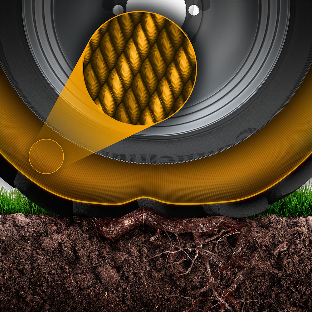 (imagem com ilustração 3D de pneu agrícola enconstrando no solo, com destaque na lateral do pneu)