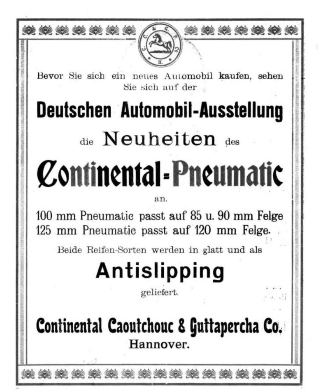 (Anúncio revolucionário no salão do automóvel em Frankfurt em 1903 do primeiro pneu com desenho na banda de rodagem)