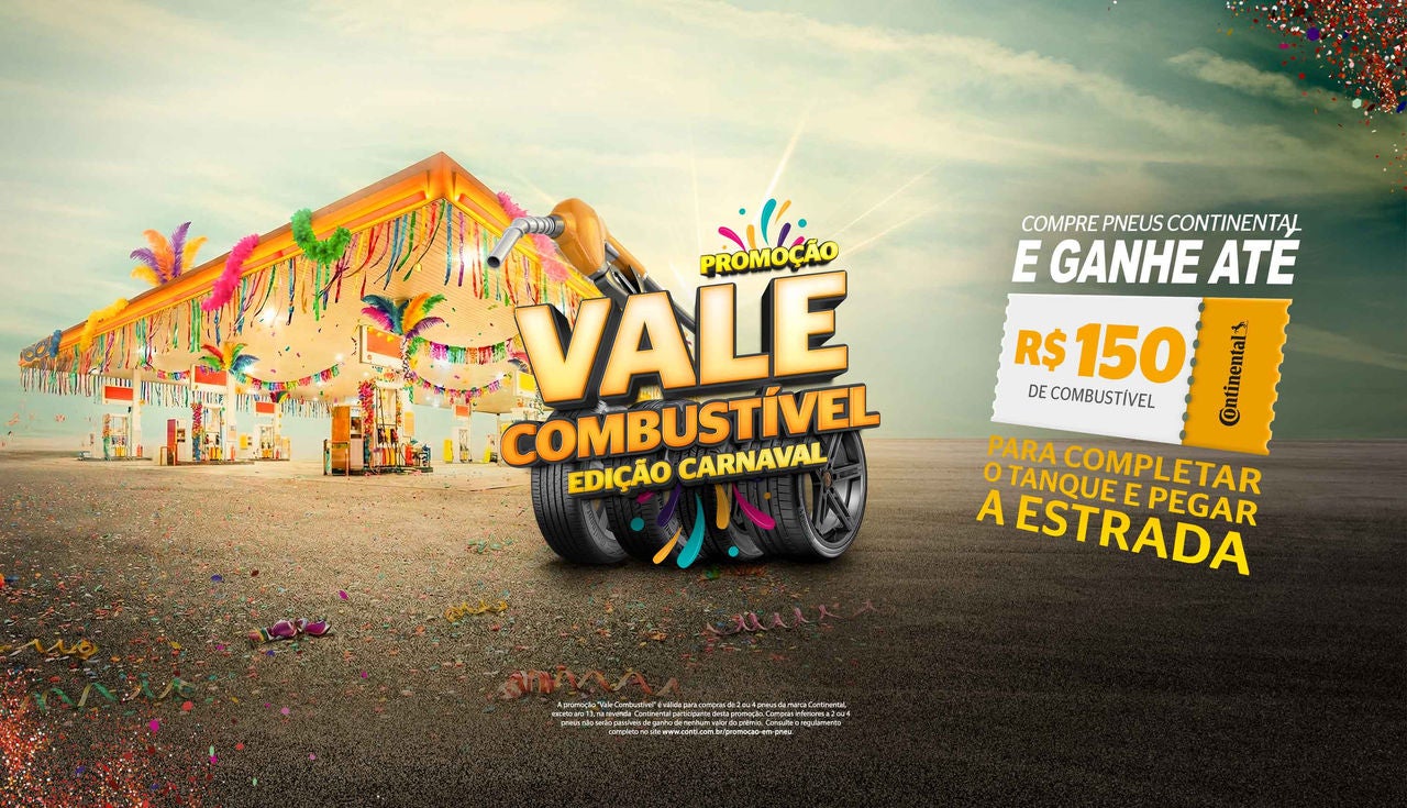 Banner Promoção Continental Pneus - Vale Combustível Edição de Carnaval 2026