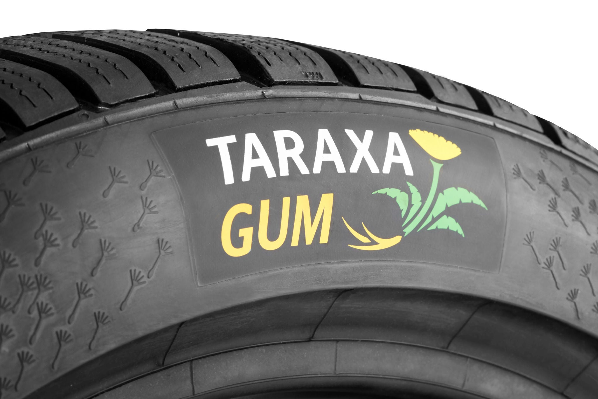 (foto em close de logotipo Taraxagum impresso em pneu)