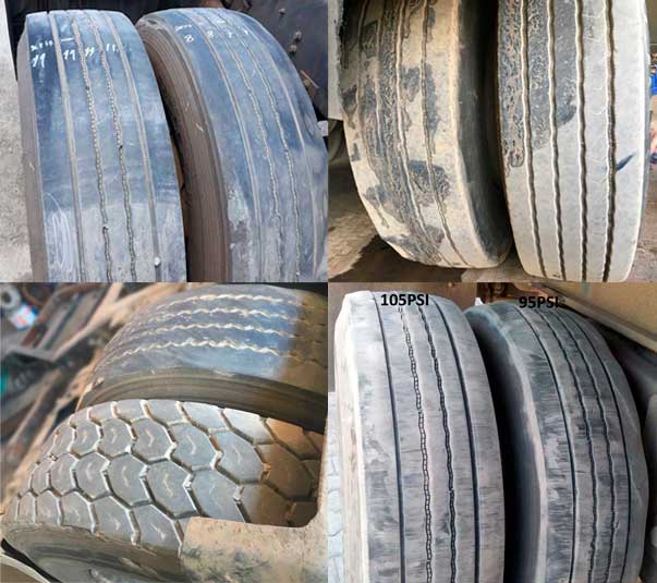 (montagem de 4 fotos de pneus de carga com problemas na banda de rodagem devido baixa manutenção)