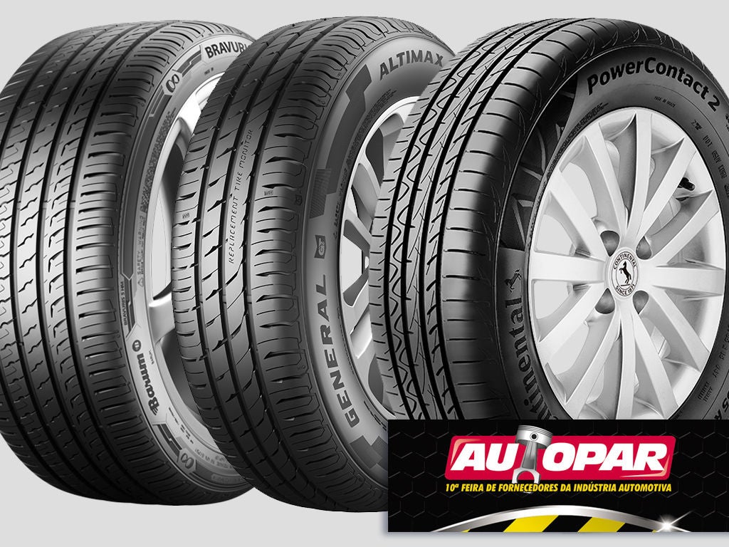 (foto de 3 pneus, Bravuris da Barum, Altimax da General Tire e PowerContact 2 da Continental - Logotipo da Autopar aparece no canto inferior direito da imagem)