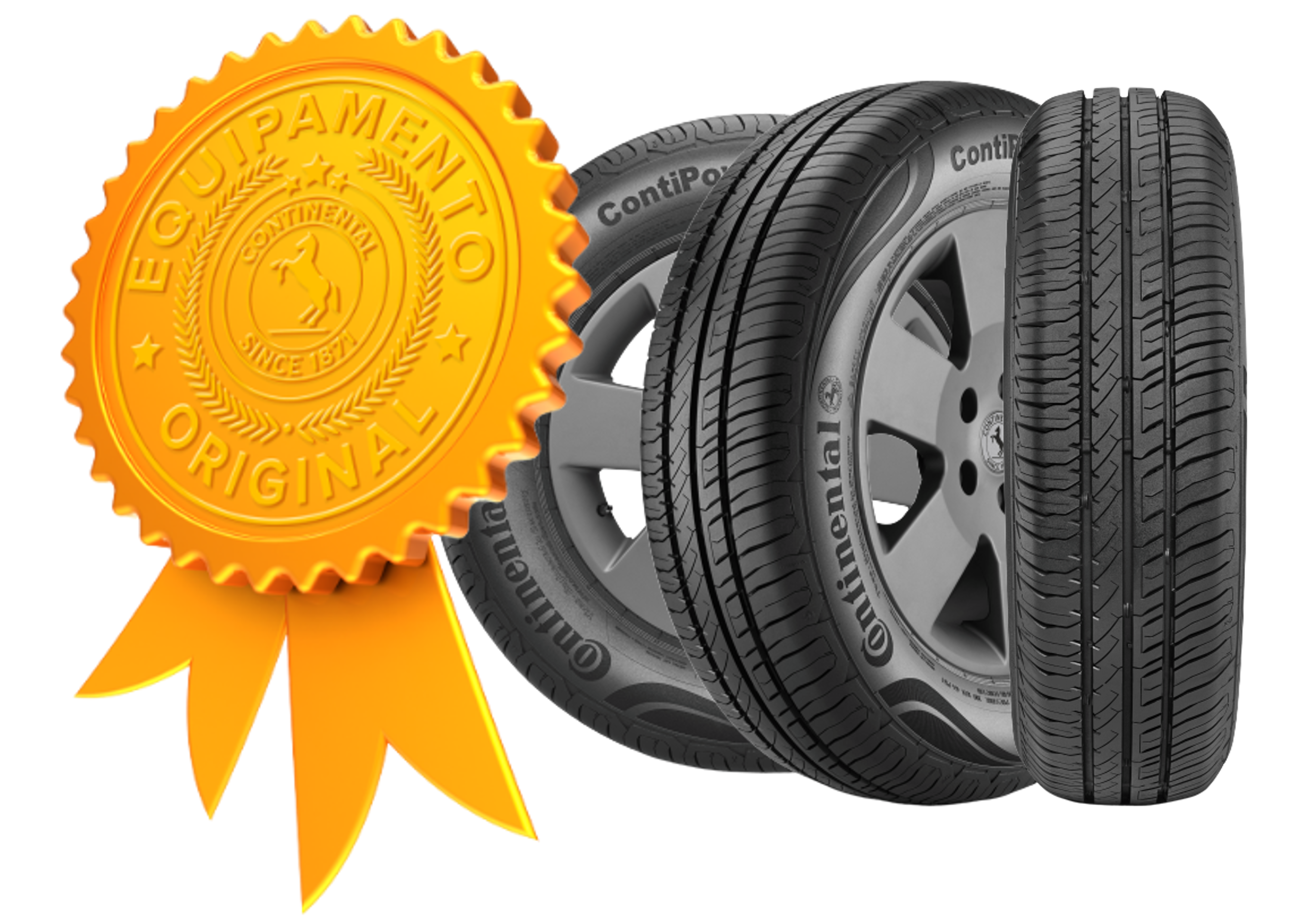 (arte com selo de qualidade de pneu original do Prisma a e três fotos do pneu original do Prisma em ângulos diferentes)
