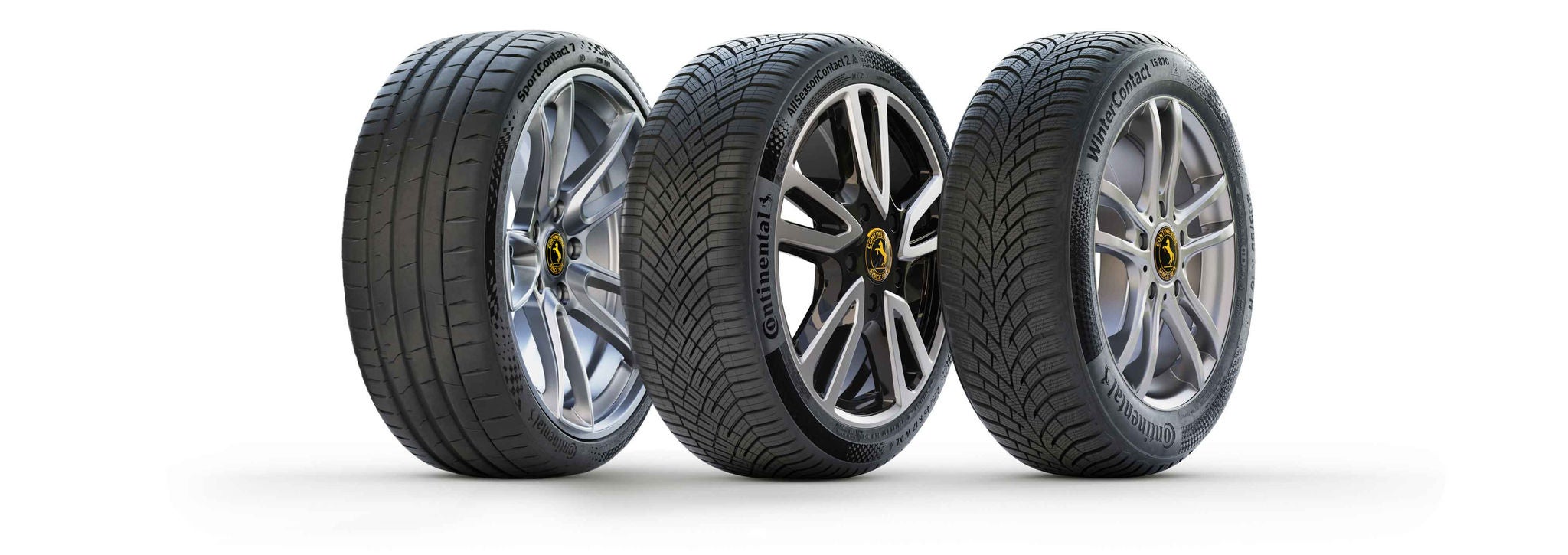 (foto mostrando o amplo portifólio de pneus da Continental, mostrando 3 pneus, SportContact 7 de alta performance para climas de verão, AllSeasonContact 2 para clima de inverno/verão e WinterContact para clima de inverno/gelo)