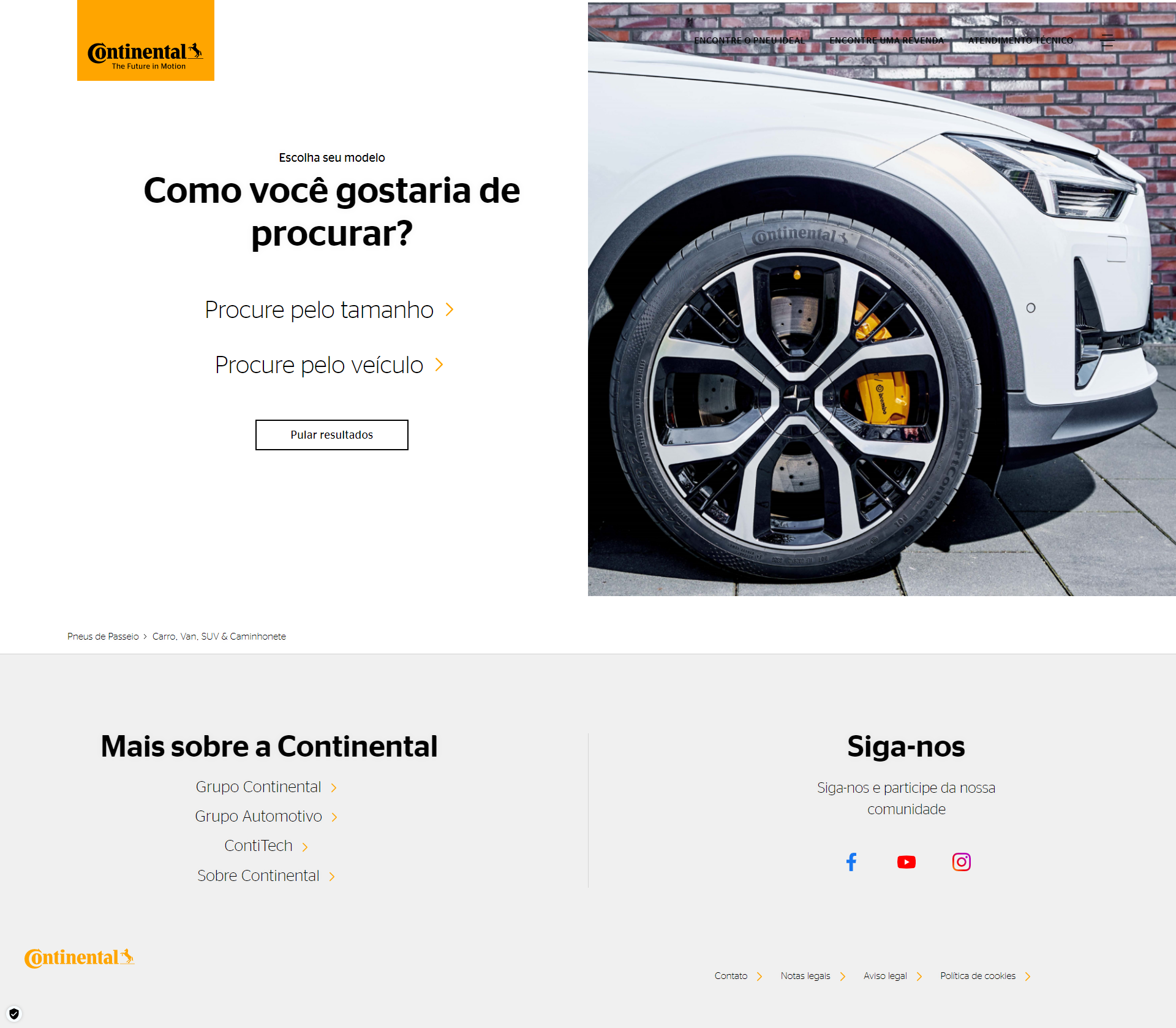 (screenshot de página do site da Continental Pneus - Texto com campo de busca do lado direito em fundo branco + imagem em close na roda dianteira com pneu Continental de carro UHP))