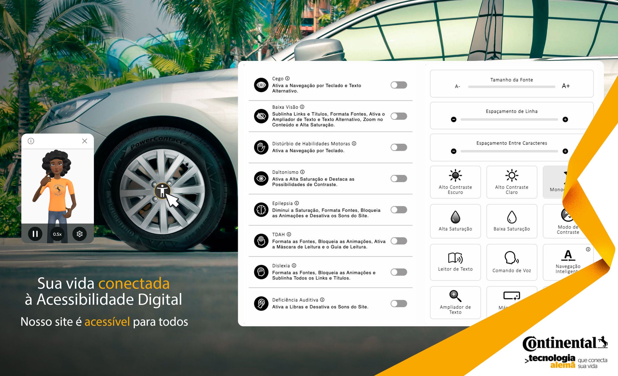 (Foto de um carro em posição lateral, com o ícone de acessibilidade digital (um pequeno boneco com os braços abertos) está inserido na roda; Captura de telas mostrando os recursos de acessibilidade que você encontra no site da Continental Pneus)