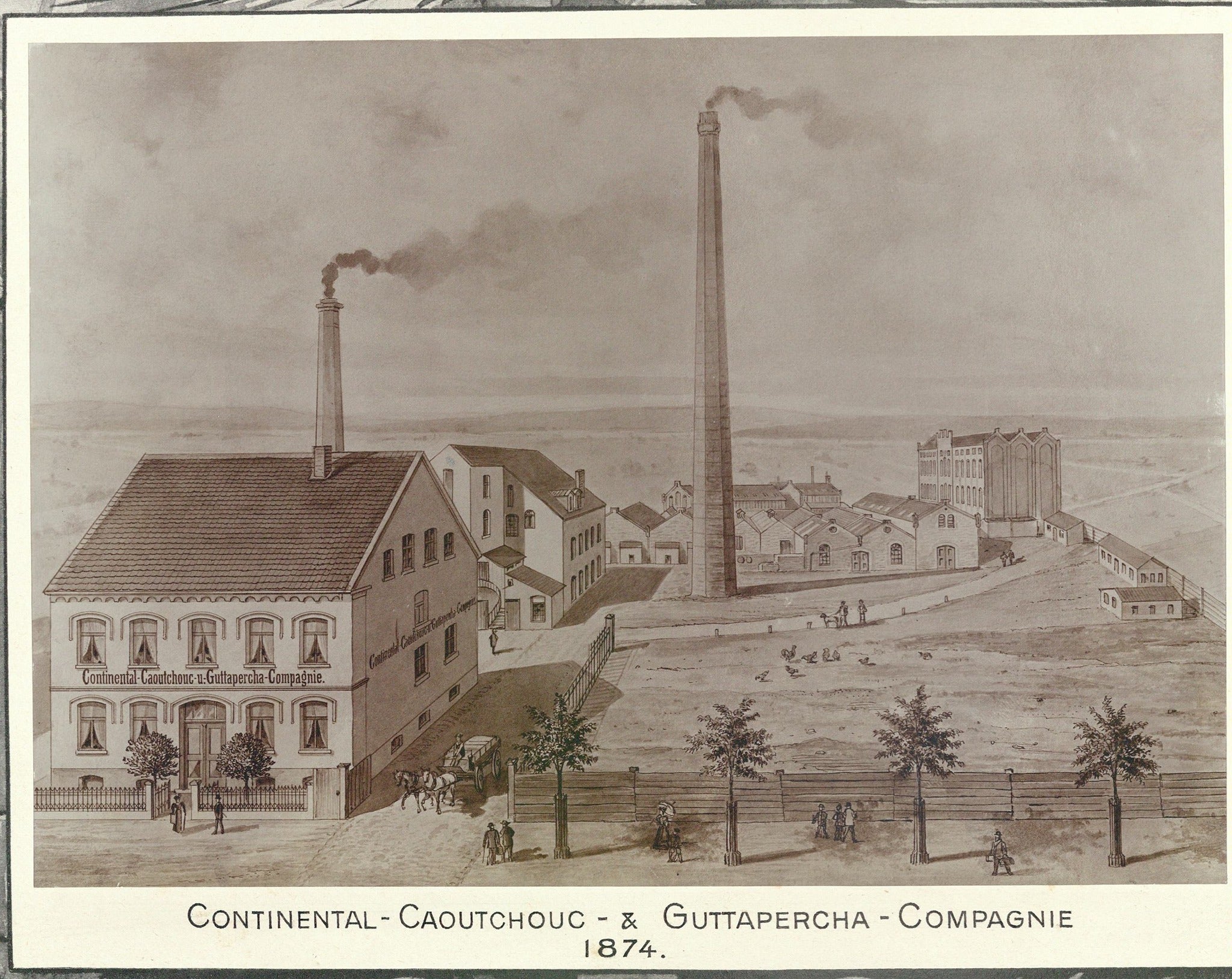 Desenho com imagem aérea da fábrica Continental Caoutchouc & Gutta-Percha Company foi fundada em Hanover em 8 de outubro de 1871