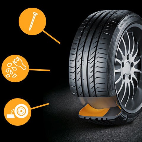 (imagem do pneu ícones sobre suas vantagens contra preto, cortes e buracos)