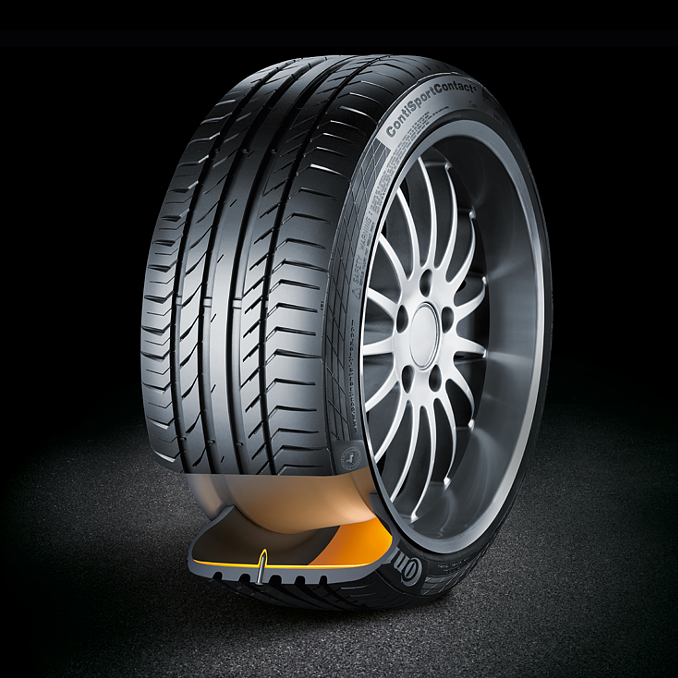 (imagem 3D ilustrando um pneu com a tecnologia Contiseal cortado para visão interna do pneu e um prego furando o pneu mas tendo o furo tampado pelo autosselante)