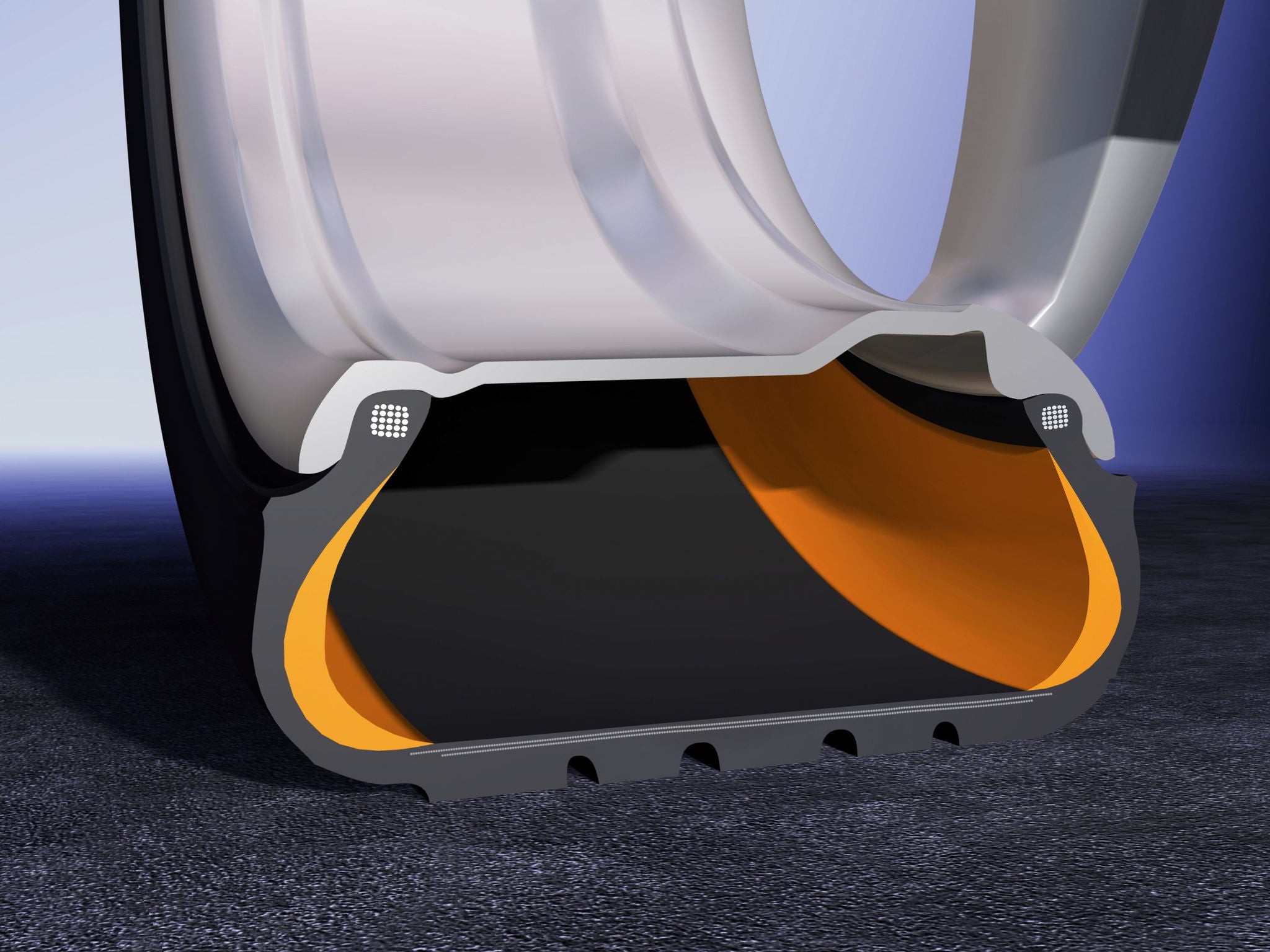 (ilustração de close em corte de pneu Continental mostrando tecnologia SSR - Self Supporting Runflat)