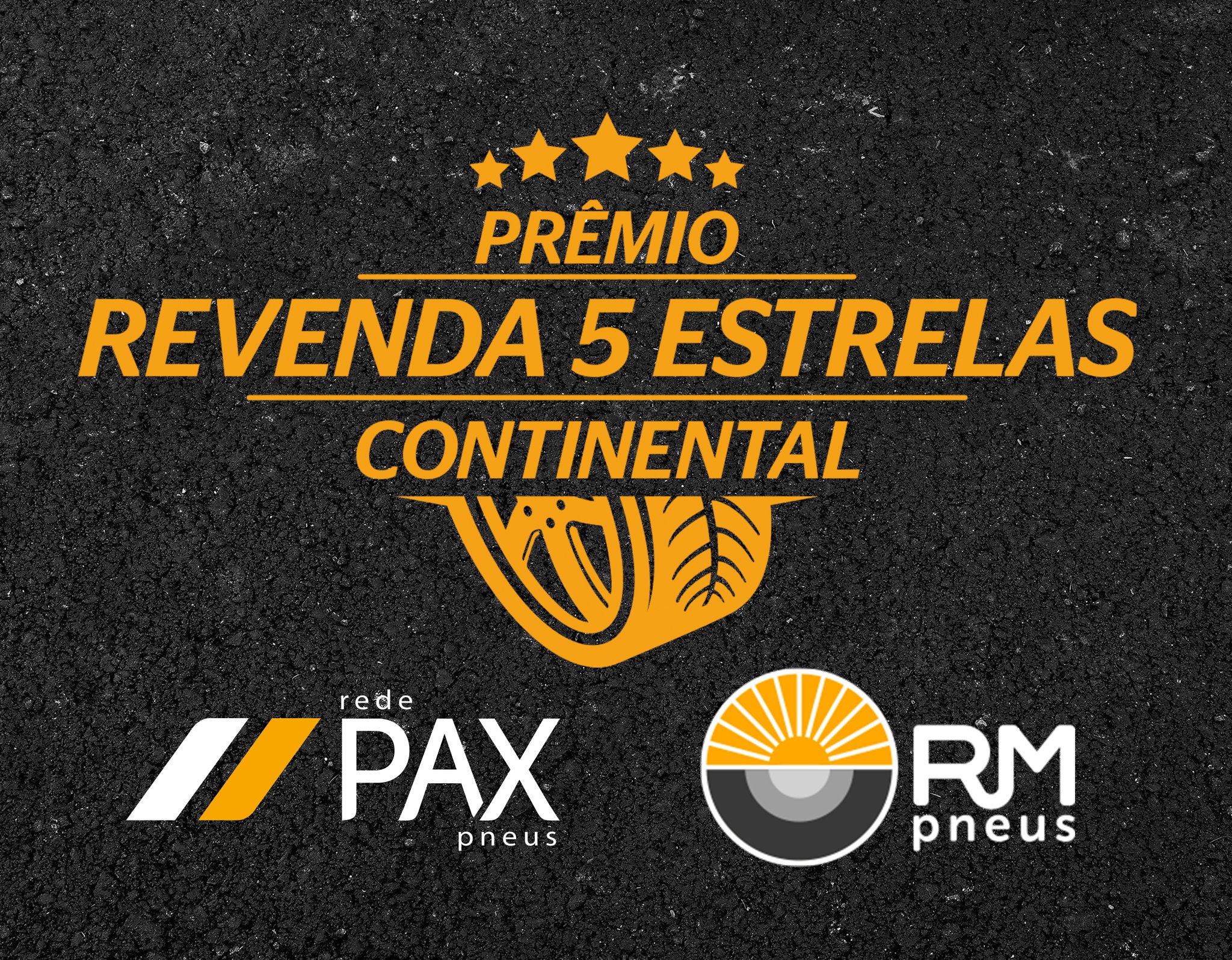 (logotipo da campanha Prêmio Revenda 5 Estrelas Continental + Logitpo Pax Pneus + Logotipo RM Pneus)