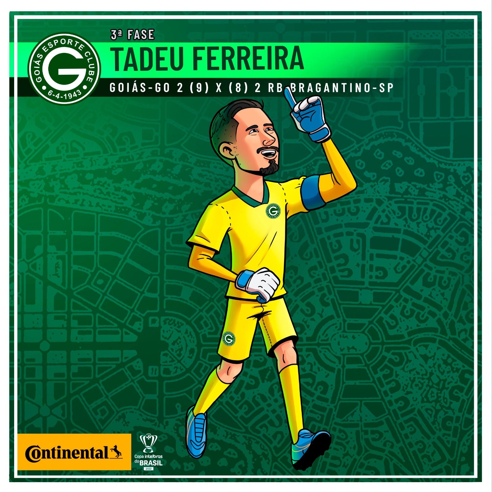 (imagem com ilustração do prêmio Jogador Defensivo Copa do Brasil em NFT - desenho do Goleiro Tadeu Ferreira apontando para cima, com logotipo do time Goiás e escrito Tadeu Ferreira)