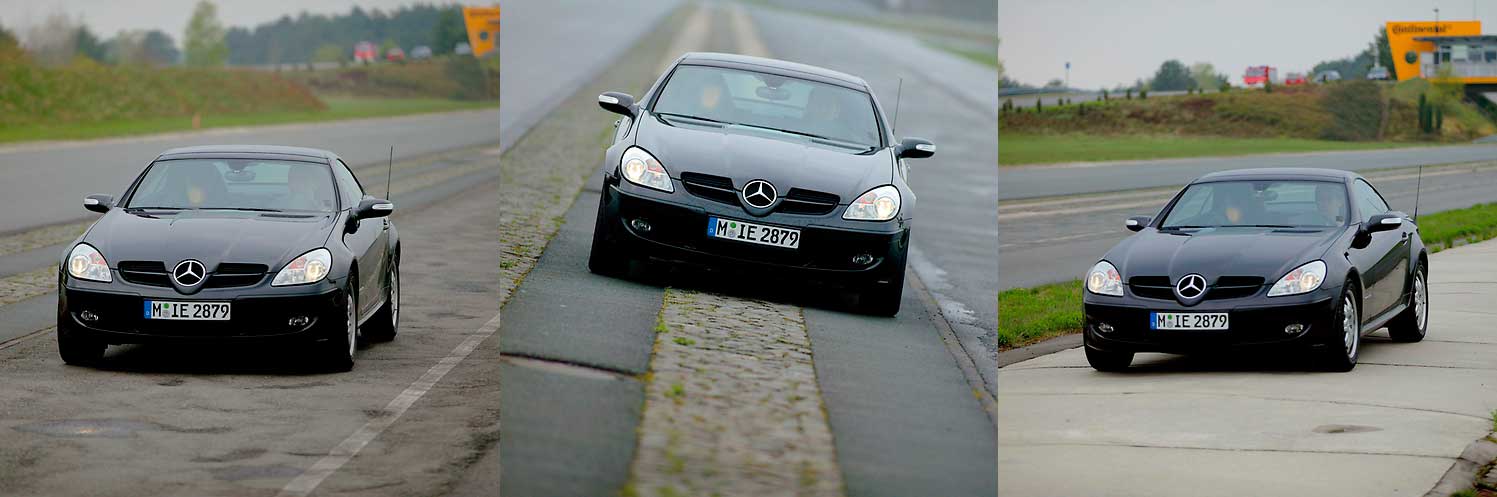 (imagem com três fotos contendo o mesmo veículo da Mercedes Benz, mas três diferentes tipos de terrenos)
