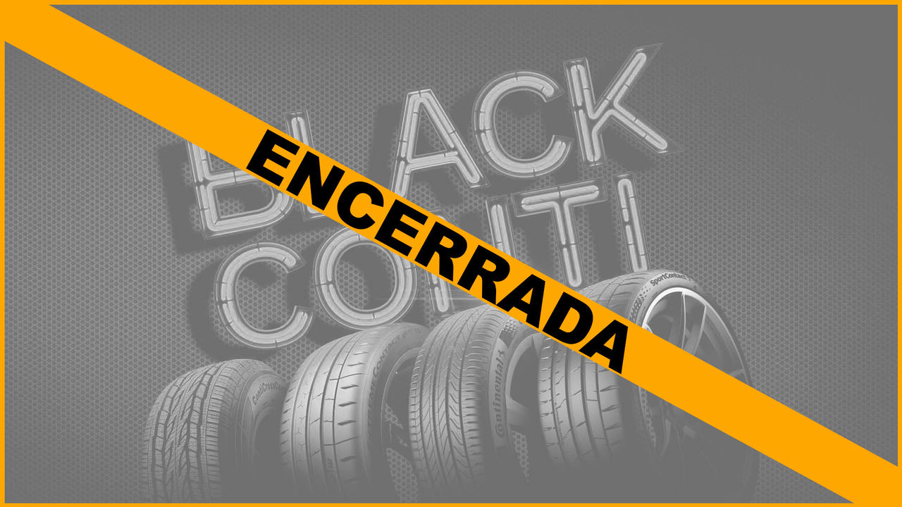 (Promoção Black Conti 2024 da Continental Pneus. Fundo preto com textura metálica, destaque para o texto 'Black Conti' em letras amarelas com efeito neon e fileira de pneus UltraContact e SportContact 7 alinhados abaixo - arte em escala de cinza, com faixa laranja por cima escrito em preto "ENCERRADA")
