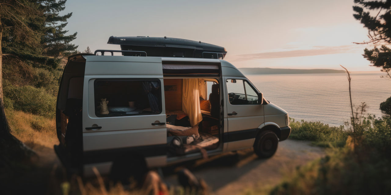 A camper van parked up overlooking a beautiful landscape view. Generative ai.