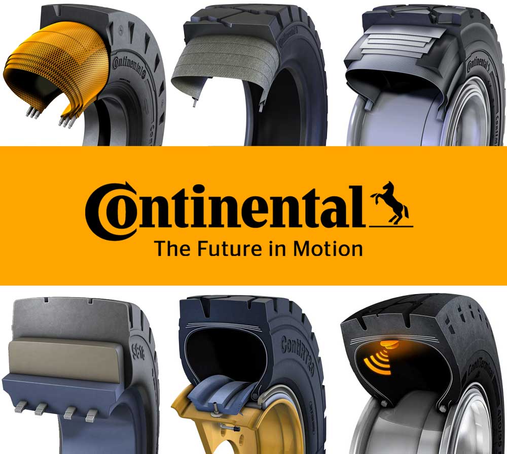 (Imagem com seis cortes técnicos de pneus industriais da Continental, mostrando detalhes internos das versões dos pneus maciço, superelástico e pneumático. A imagem destaca as diferentes estruturas de reforço, camadas e tecnologias aplicadas nos pneus, voltadas para empilhadeiras e veículos de movimentação industrial. No centro, aparece a marca Continental com o slogan "The Future in Motion".)