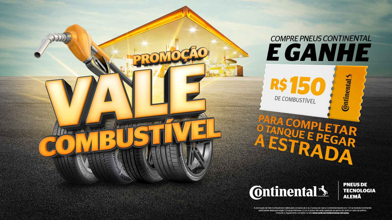 (imagem com ilustração da campanha de promoção de pneu Continental, com posto de gasolina ao fundo, destacado na frente "Vale Combustível" em letreiro luminoso com pneus ao fundo e texto sobre compre pneus e ganhe R$150,00)